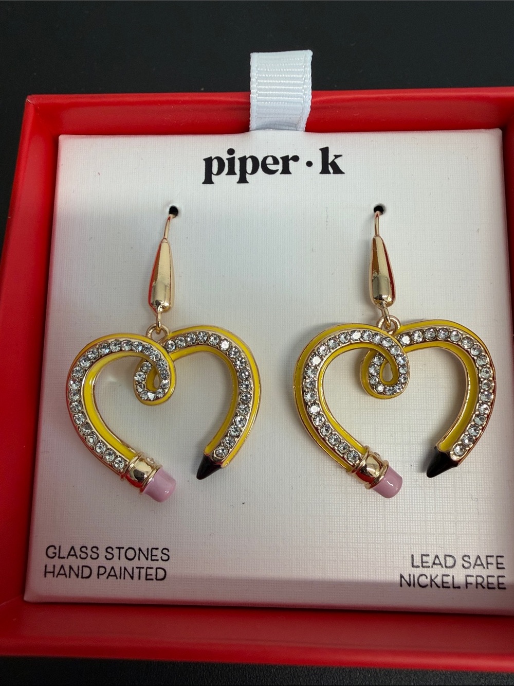 Piper K | Whimsical Yellow Heart Pencil Drop Rhinestone Earrings - Picture 3 of 7